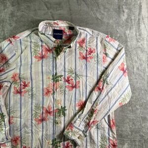 Tommy Bahama Floral Button Down Shirt Striped Cotton Silk Blend Large